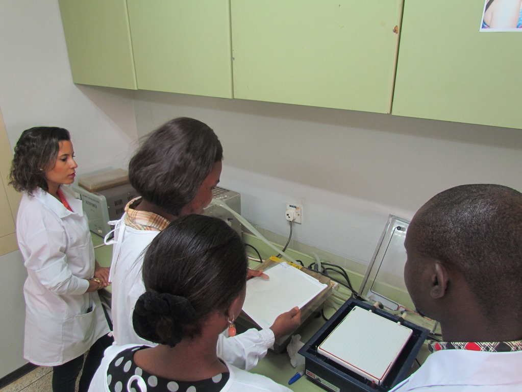 Mariana observa equipe na colocação do gel em aparelho de eletroforese. Acervo Nupad. 